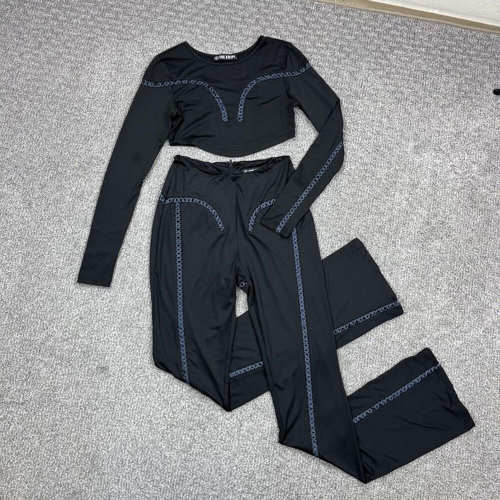 THE KRIPT 2 Piece Set Womens Small Black Long Sleeve Crop Top Flare Pants Party